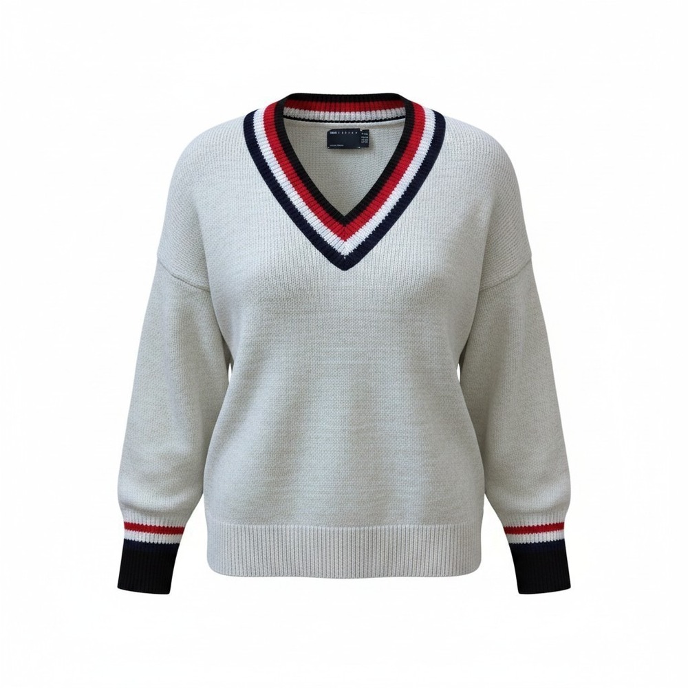 ASOS DESIGN Petite Cream V-Neck Cricket Sweater Striped Trim US 00 Preppy